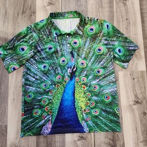 Vibrant Peacock Design Button Down Shirt